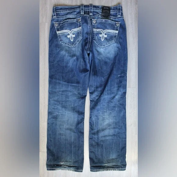 $220 Mens Rock Revival Jeans "Robert" Thick Leather Inserts Straight 38x32 - Picture 5 of 6
